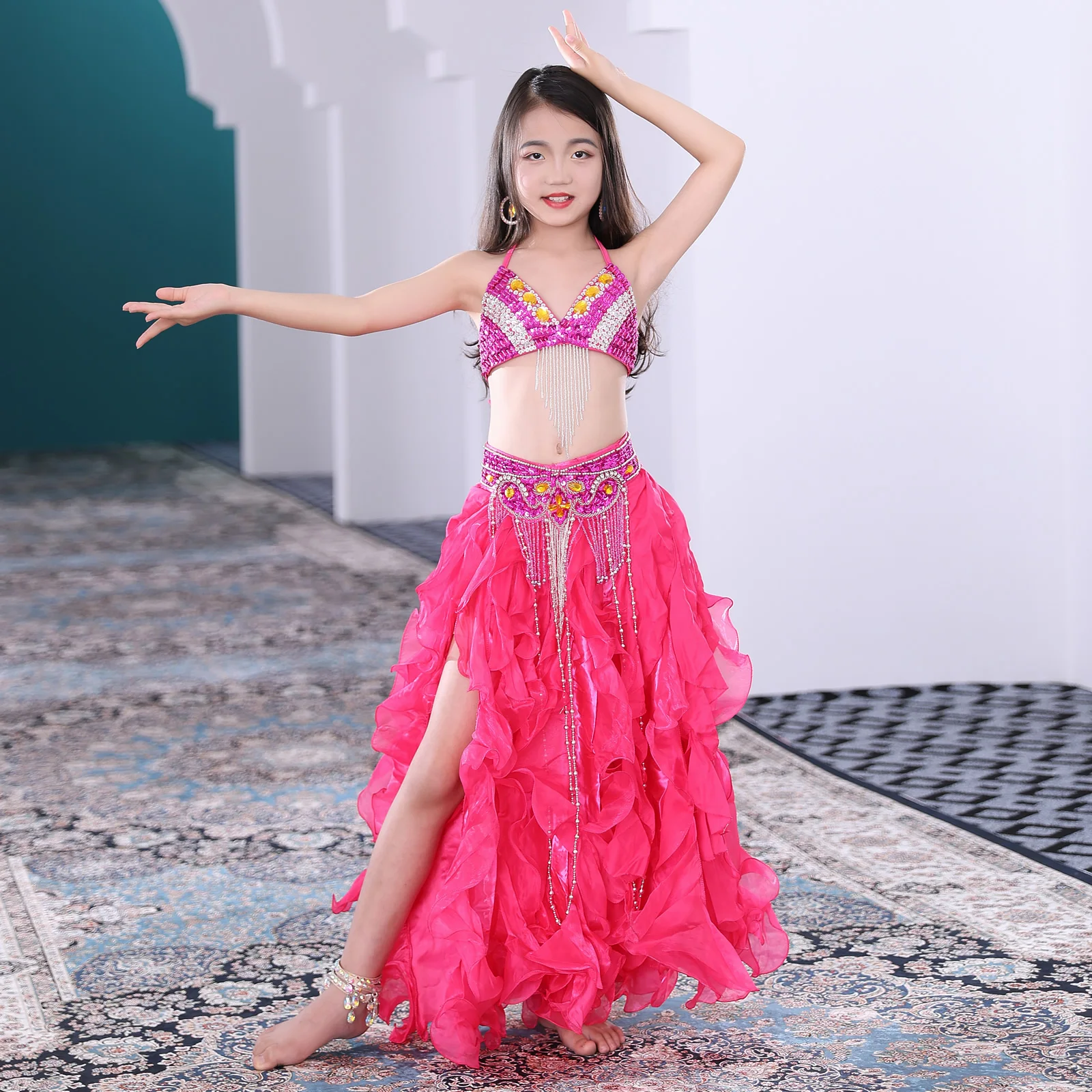 Ensemble de costumes de danse du ventre pour enfants, vêtements de danse orientale pour enfants, tenue pour filles, soutien-gorge, ceinture, jupe perlée