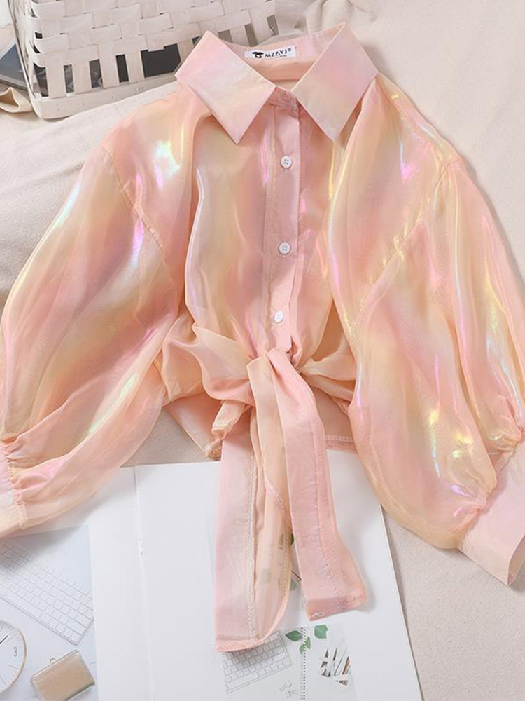 Chemise Boutonnée à Demi Manches pour Femme, Vêtement Sexy à Taille Nouée, Automne 2024