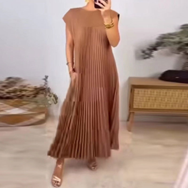 Robe longue plissée sans manches, col rond, élégante et à la mode, nouvelle collection automne 2025
