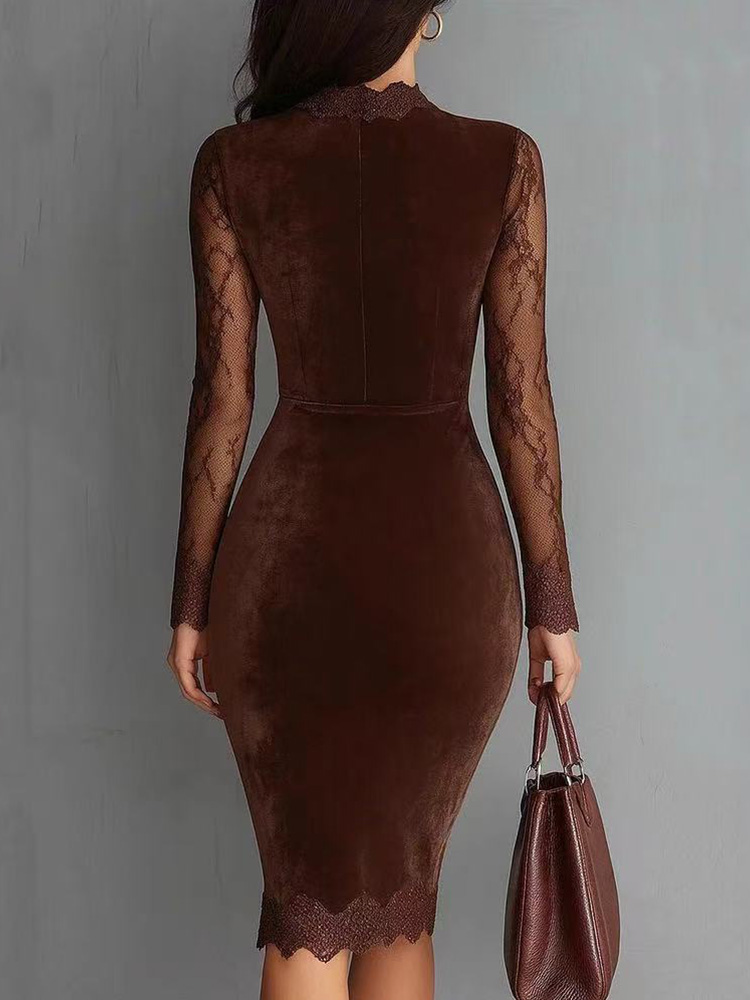 Robe moulante transparente en dentelle à col en V pour femme, manches longues, sexy, décontractée, taille cintrée, mi-longue, de luxe, de créateur