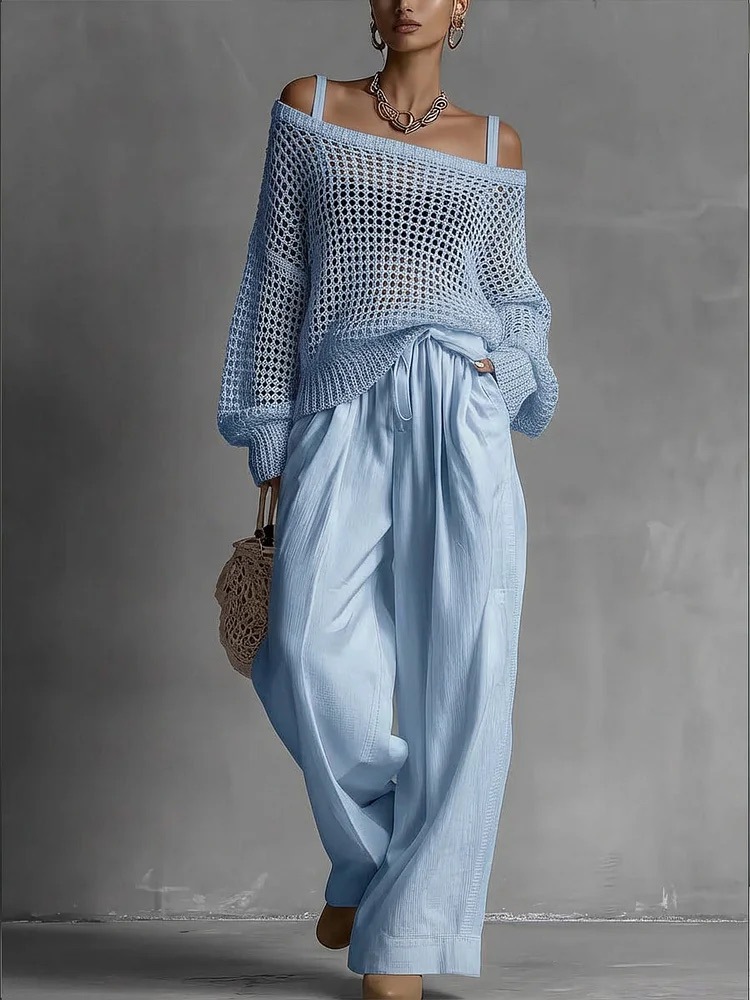 Ensemble 2 pièces mode femme : Haut en maille crochetée à bretelles spaghetti et épaules dénudées, pantalon large à taille coulissante – Tenue décontractée d'été