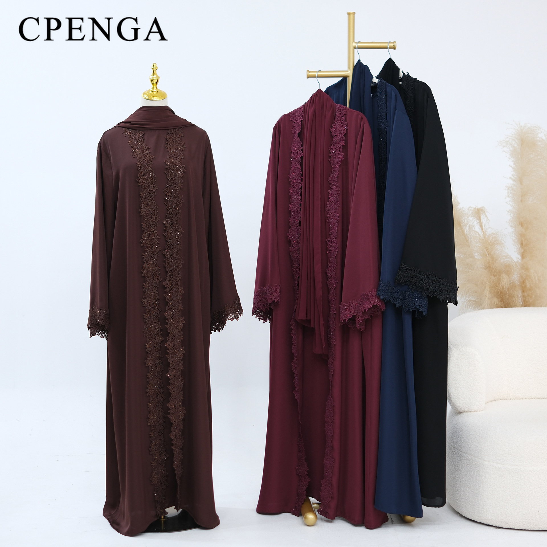 Ensemble de 3 pièces de luxe pour femmes, hijab, abaya, robe de soirée musulmane, kaftan de Dubaï, dentelle florale perlée, tenue de fête modeste pour l'Aïd