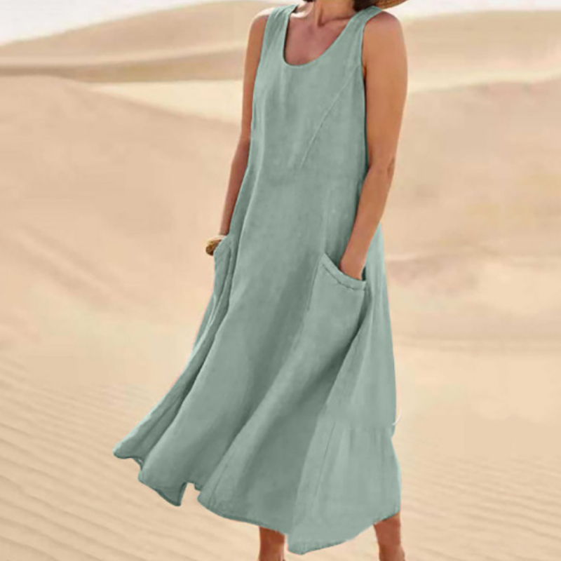 Robe longue décontractée d'été pour femme, style vintage Harajuku, sans manches, coupe trapèze, en coton et lin, couleur unie, col rond, avec poches, coupe ample