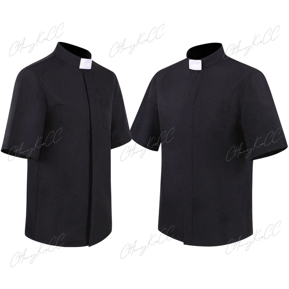 Chemise de Prêtre Pasteur Hommes Clergé Col à Onglet Montant Église Catholique Ministre Prédicateur Court Manches sulfY-Roman Blouse S-5XL