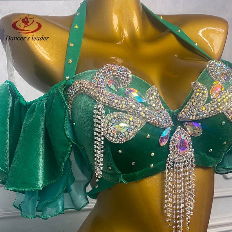 Costume de danse du ventre pour femmes, adultes et enfants, jupe en dentelle diagonale verte haut de gamme, robe Flash haute Performance Samba