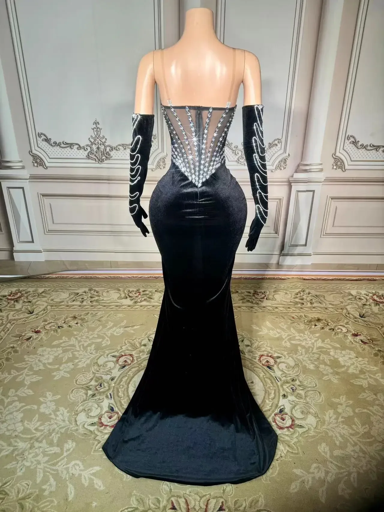 Robe longue en velours noir pour femme, maille transparente, manches longues, boîte de nuit, vêtements de soirée, costume de scène