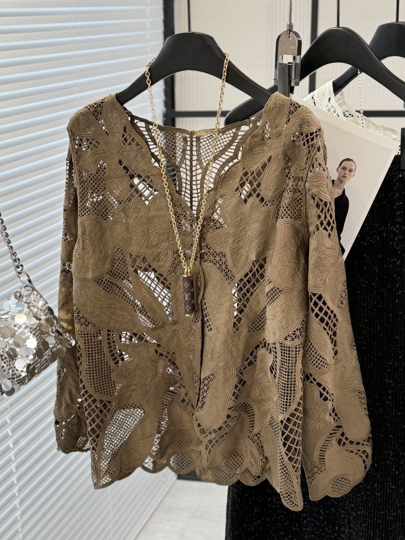 Chemise en dentelle de style français pour femme, broderie chic, simple boutonnage, combinaison évidée, manches longues élégantes, printemps, été, nouveau, Y