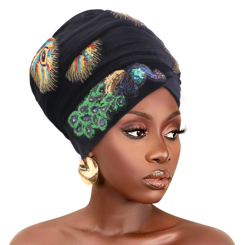 Nouveau Turban Long en Velours Orné de Paon et de Paillettes pour Femme, Foulard de Luxe pour Femme, Hijab, Turbante