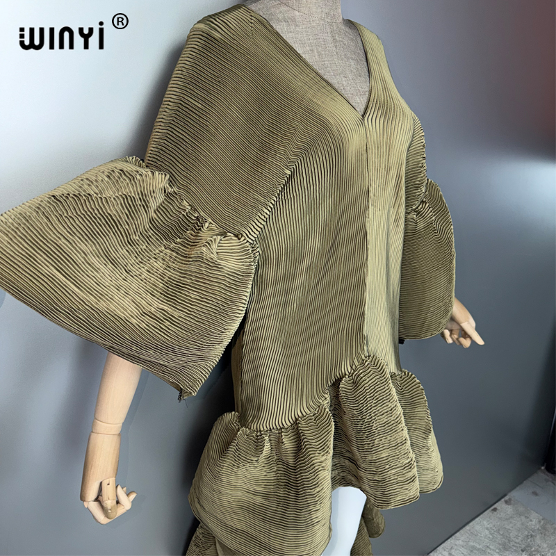 WINYI Robe Kaftan Maxi Bohème Style Moyen-Orient Élégante Plissée Robe de Plage Dubaï Abaya Robe de Soirée de Luxe Élastique
