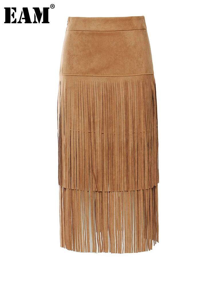 [EAM] Jupe longue asymétrique élégante à taille haute kaki avec pompons pour femme, nouvelle collection Printemps-Automne 2026 1DE8926