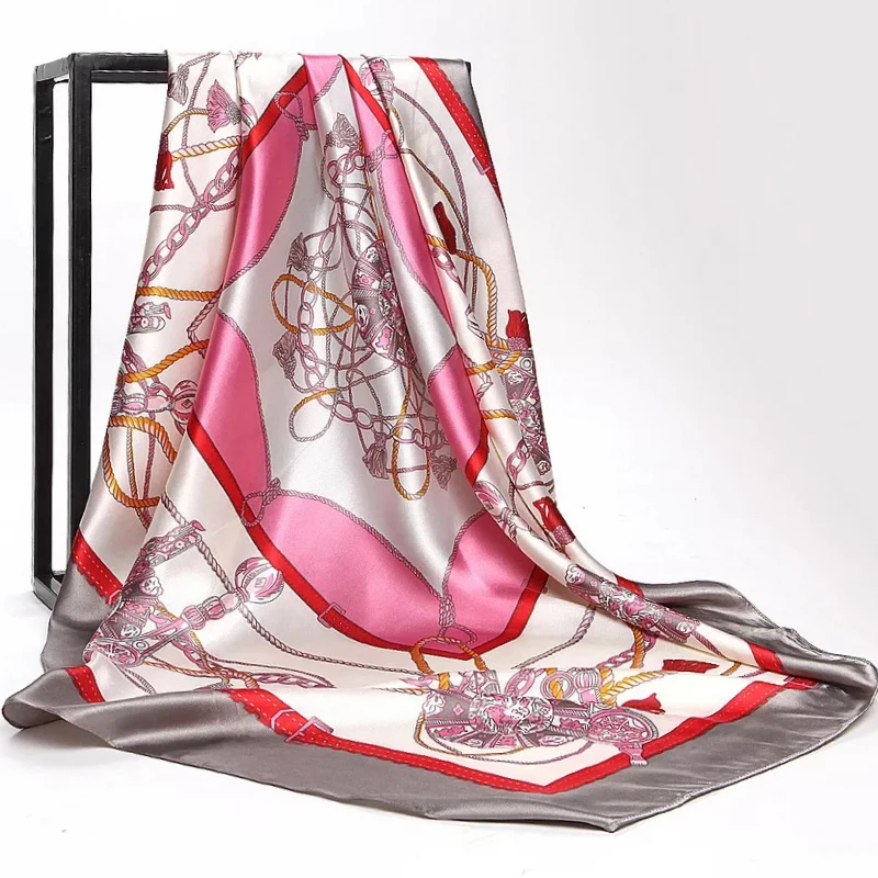 Écharpe en satin 90x90cm pour femmes, écharpe en chaîne imprimée de fleurs de cajou, nouveau style printemps et été, châle pour femmes, nouveau style 2024