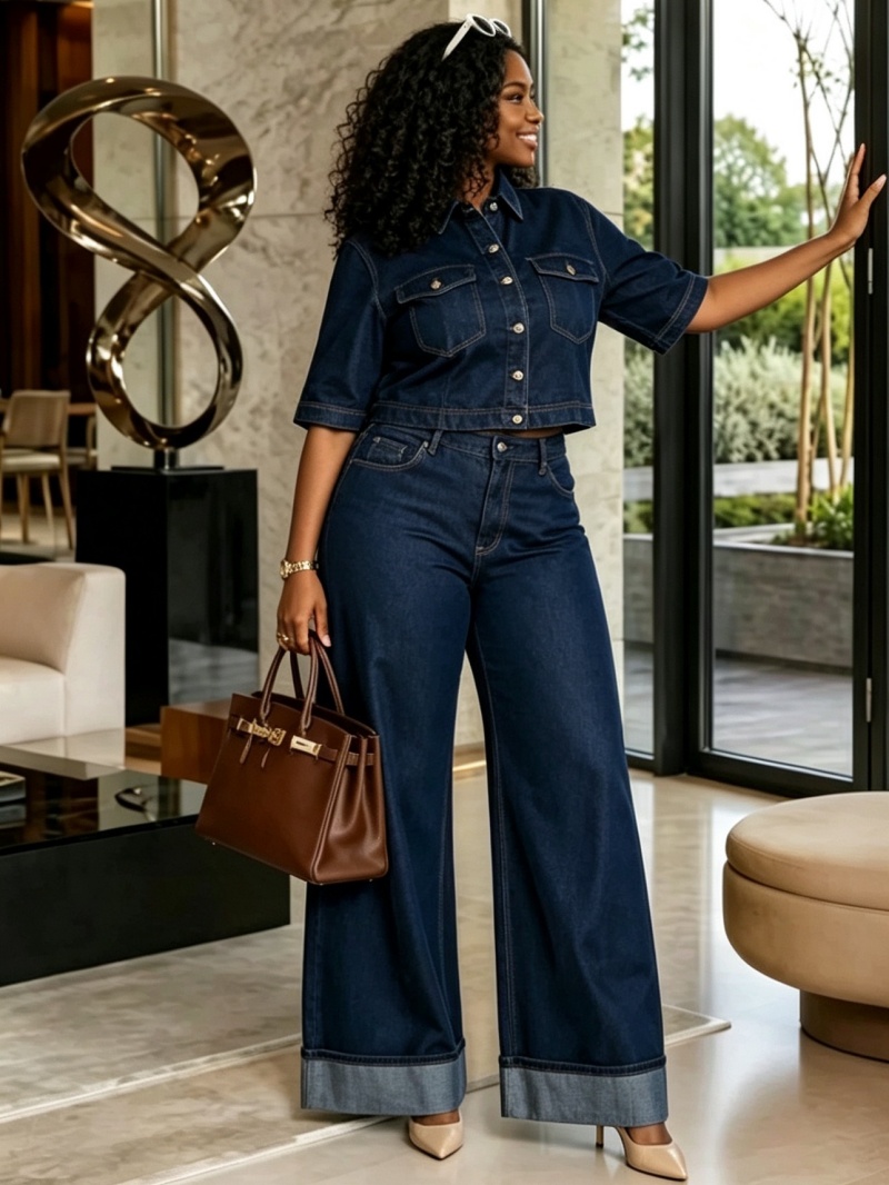 Ensembles 2 Pièces en Jean Tendance pour Femme – Tenues d'Été 2026 : Haut à Manches Mi-Longues et Jean Droit – Ensembles Cowboy pour Femme