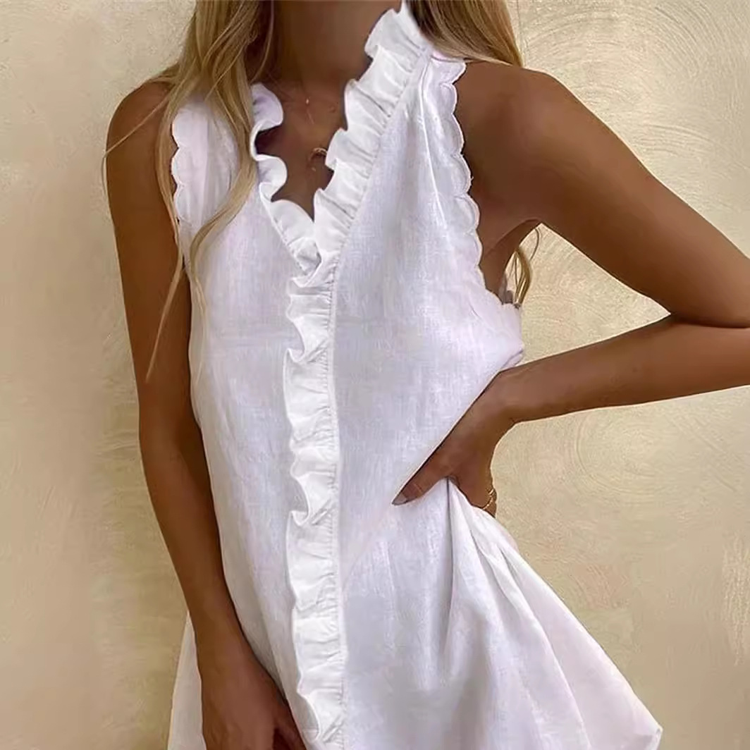 Nouvelles femmes décontracté coton et lin Robe blanche été col en V volants sans manches élégant Boho plage fête Mini robes femme Robe