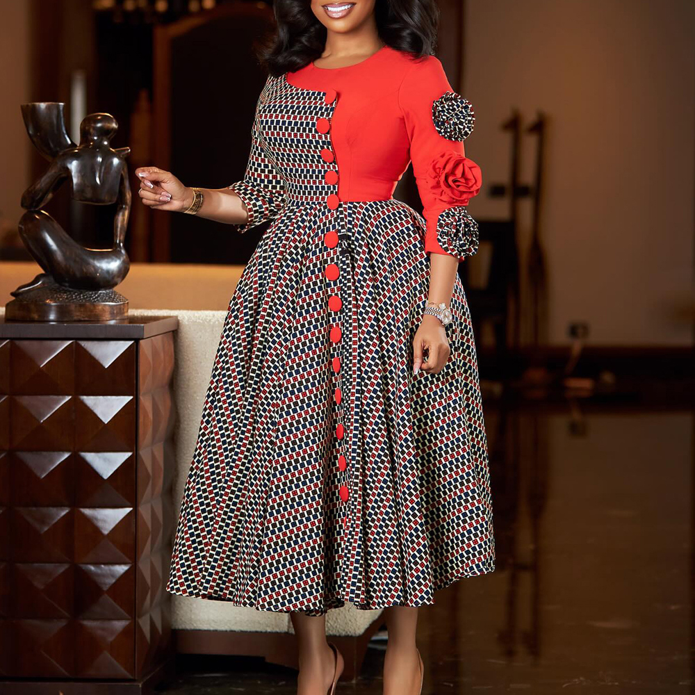 Robes élégantes pour femmes, mode africaine, manches 3/4, fête d'anniversaire, nouvelle Robe Chic à carreaux de fleurs 3D, Robe de soirée trapèze, automne 2025