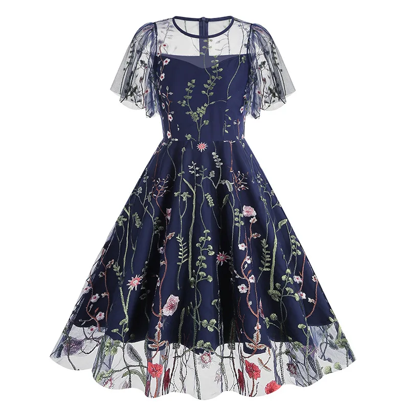 Soirée élégante robe rétro de luxe 2025 femmes été col rond maille florale brodée années 60 70 Vintage robes mi-longues robes
