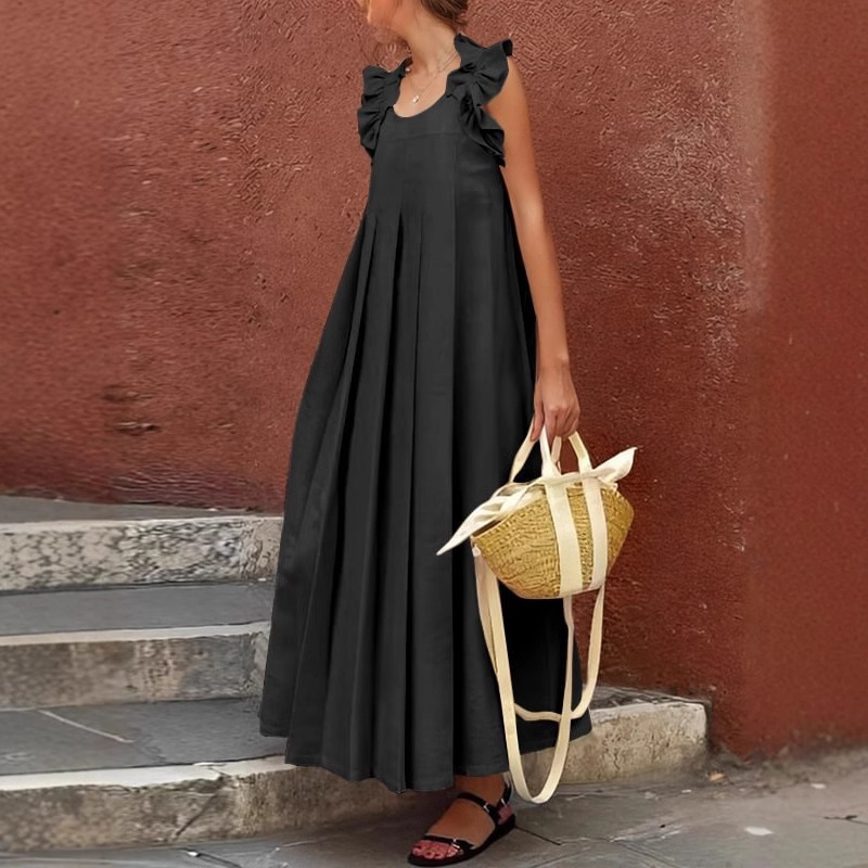 Robe longue décontractée sans manches, couleur unie, mode, ample, plissée, grand ourlet, ligne a, nouvelle collection printemps été, robes de Style de vacances