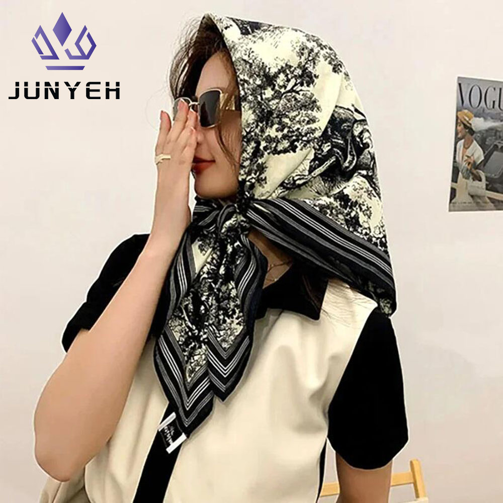 Foulards en soie imprimés pour femmes, 90x90cm, Hijab à tête carrée, marque de luxe, châle, Bandana, silencieux, activités de plein air