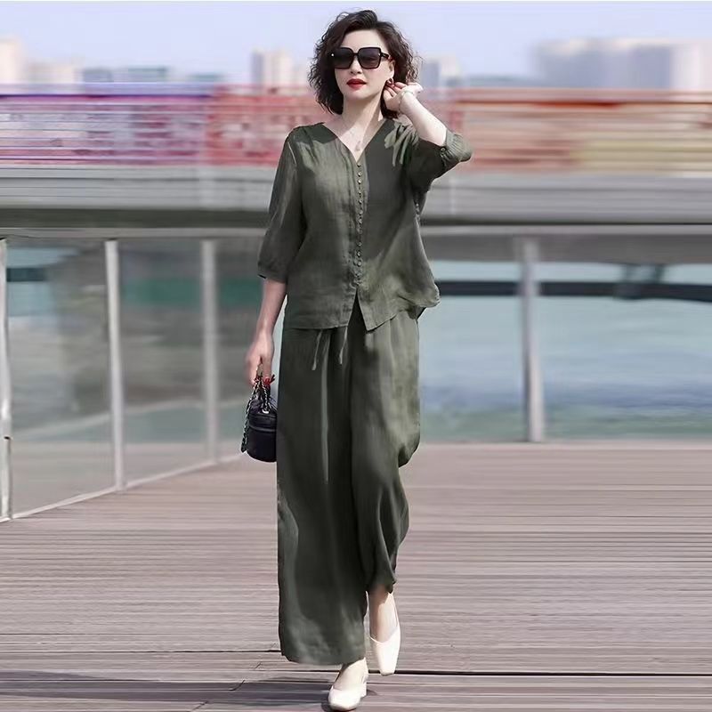 Ensemble Deux Pièces en Coton et Lin pour Femme, Pantalon à Jambes Larges, Col Haut Confortable, Décontracté, à la Mode, Nouvelle Collection Été 2024