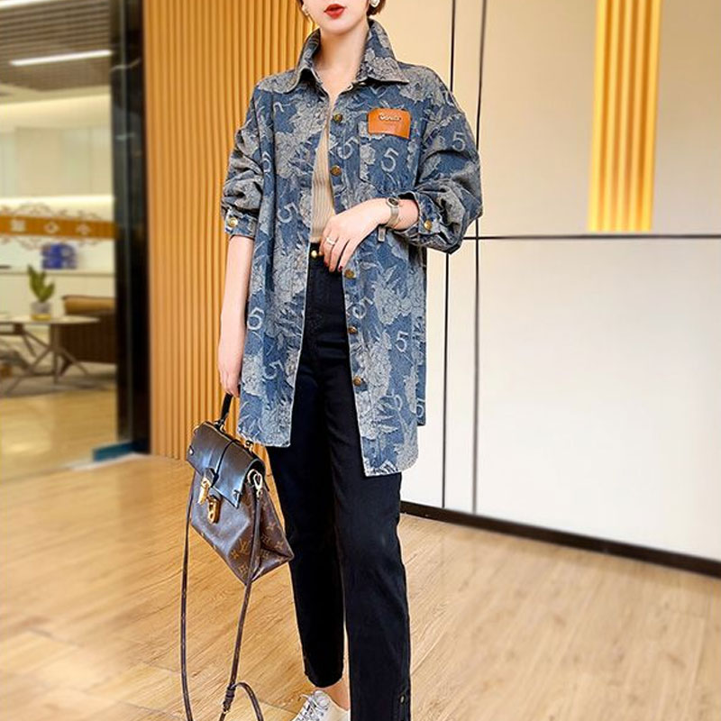 Chemise en Denim ample Vintage pour femmes, vêtements décontractés à col rabattu, chemisier imprimé à simple boutonnage pour les déplacements, printemps automne