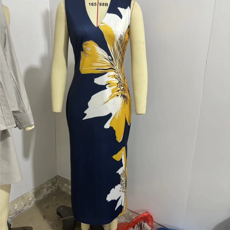 Robe imprimée Sexy à col en v pour femmes, sans manches, Maxi, printemps été, vacances, 2025