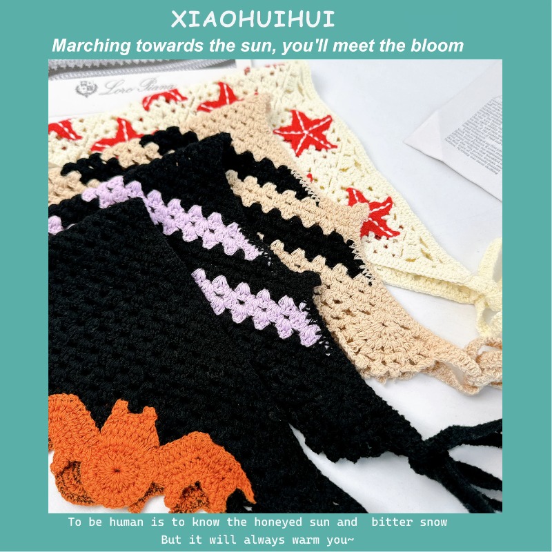 Foulard triangulaire en crochet à motifs colorés style gothique rétro pour femme, idéal pour l'été, les voyages et les photos, polyvalent, style littéraire, bonnets.