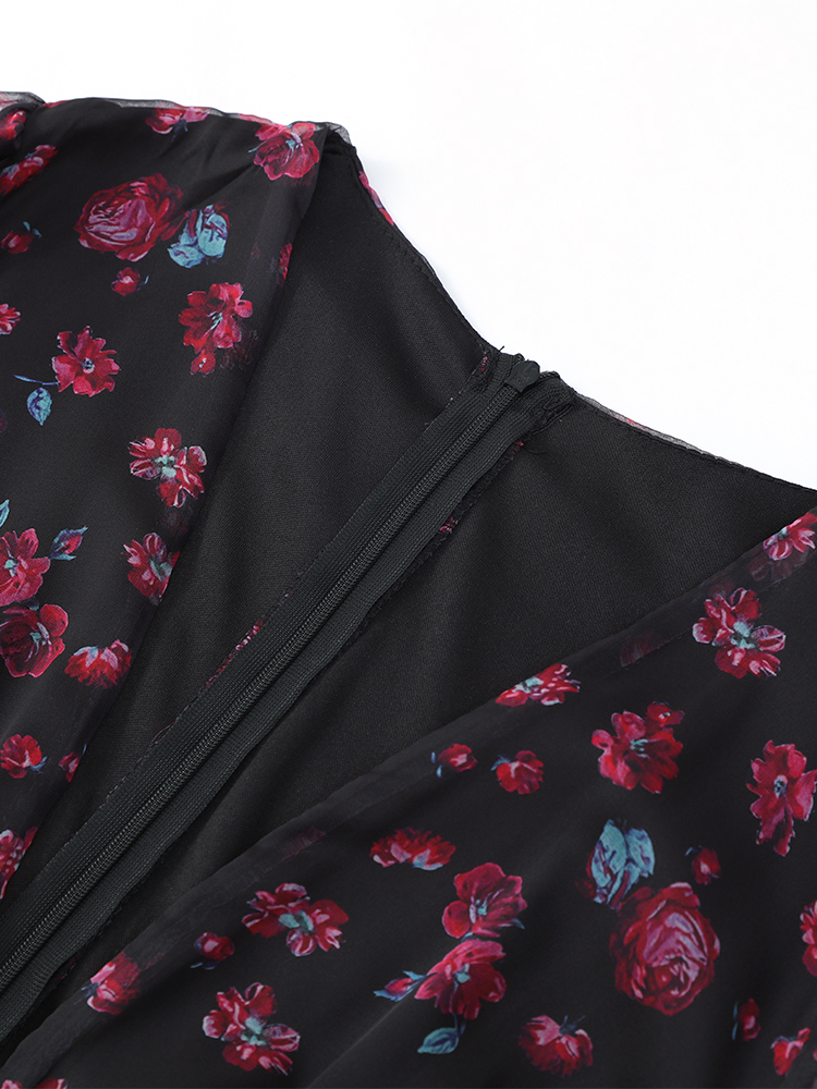 Robe Courte Élégante à Imprimé Floral, Col en V Profond, Manches Longues, Taille Cintrée, Ourlet à Volants Superposés, pour Femme, Idéale pour les Fêtes et le Quotidien