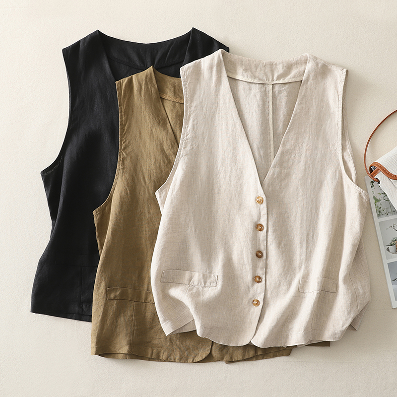 Gilet en coton et lin pour femmes, été, kaki, noir, beige, avec fente, basique, uni, élégant, col en V, sans manches, veste, cardigan, haut