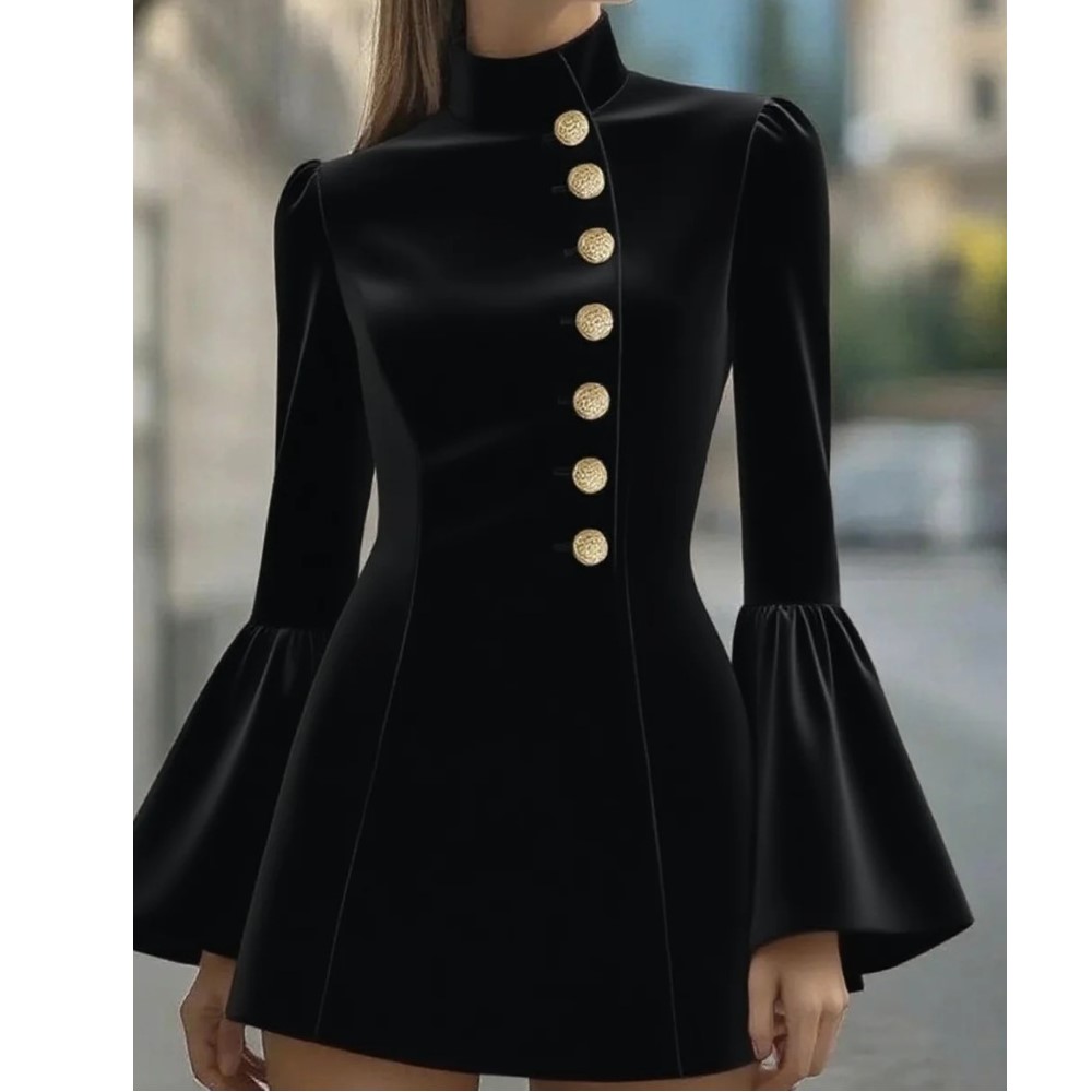 Robe élégante de style décontracté, design simple et tendance, coupe courte, col montant, manches évasées, idéale pour l'automne et l'hiver