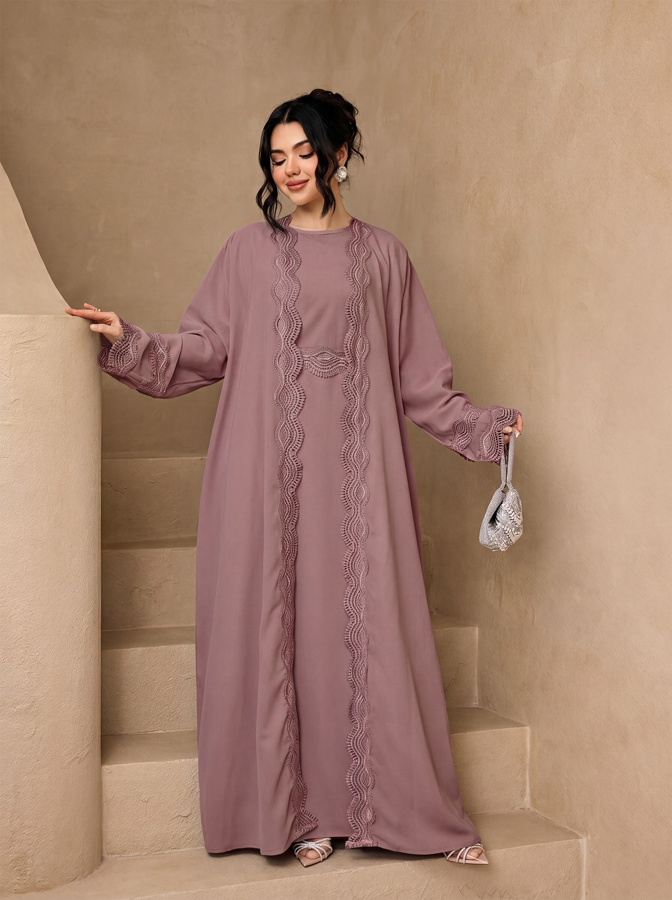 Ensemble Abaya 3 pièces avec ceinture et hijab, robe modeste à manches évasées pour femmes musulmanes, tenue quotidienne pour l'Aïd