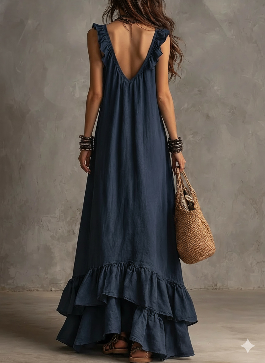 Robe longue décontractée ample, style bohème, couleur unie, élégante, à volants, taille souple, sans manches, col en V, pour le printemps et l'été