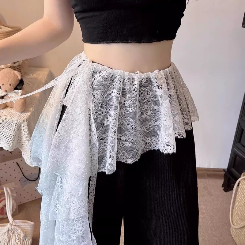 Mini-jupe irrégulière coréenne en dentelle blanche pour femme, style Ins, transparente, pour la danse, foulard de hanche en dentelle, décoration pour jeans et pantalons