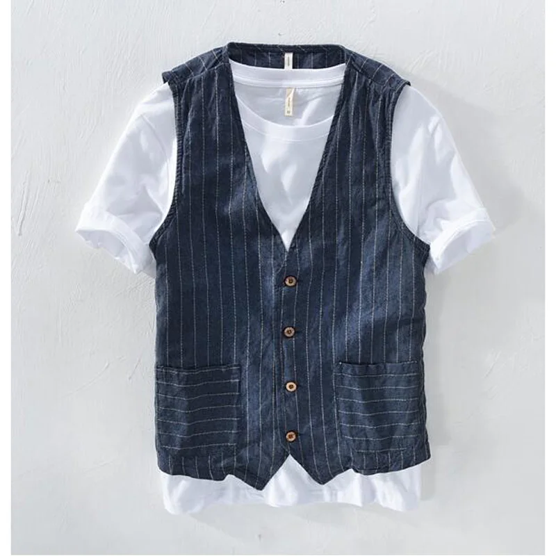 Vêtements masculins costumes de loisirs s- 5Xl 6Xl été lin gilet mince gilet hommes décontracté sans manches veste rayure gilet