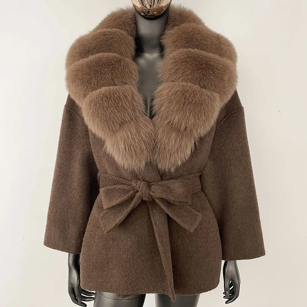 OFT-Manteau en Vraie Fourrure de Raton Laveur et de Renard pour Femme, Veste en Laine Mélangée avec Poche à Ceinture, Streetwear Décontracté, Hiver 2024
