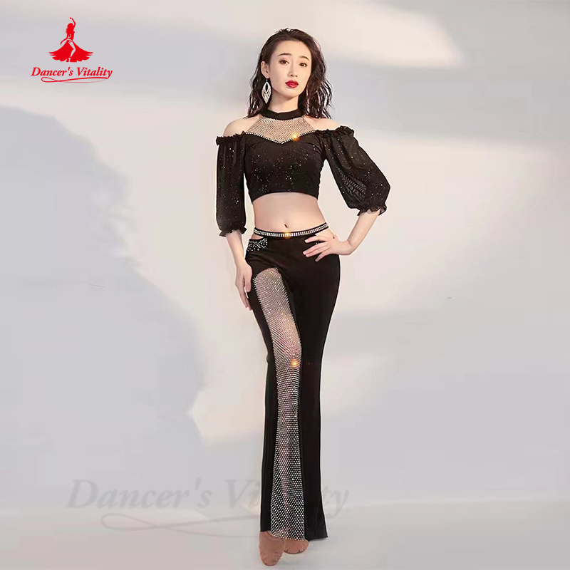 Costume de phtalperformance pour femme, danse du ventre professionnelle, haut et pantalon à demi-manches, vêtements trempés et brillants