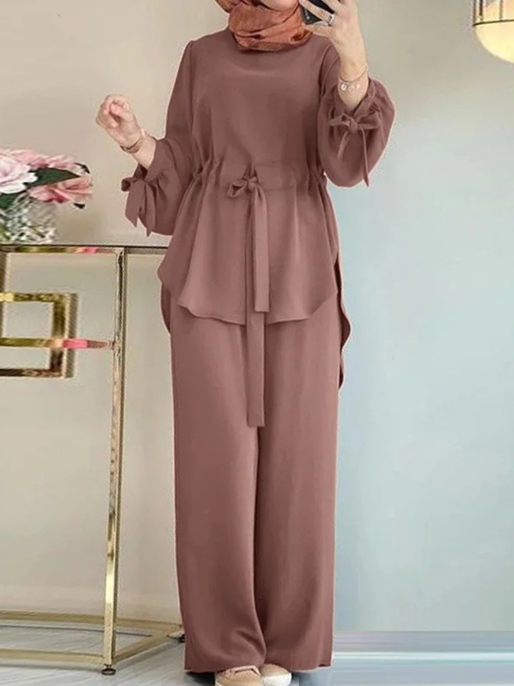 Eid – tenues musulmanes pour femmes, chemise avec ceintures, pantalon à jambes larges, costume Ramadan marocain dubaï Islam, Ensemble 2 pièces arabe Jalabiya, Ensemble modeste