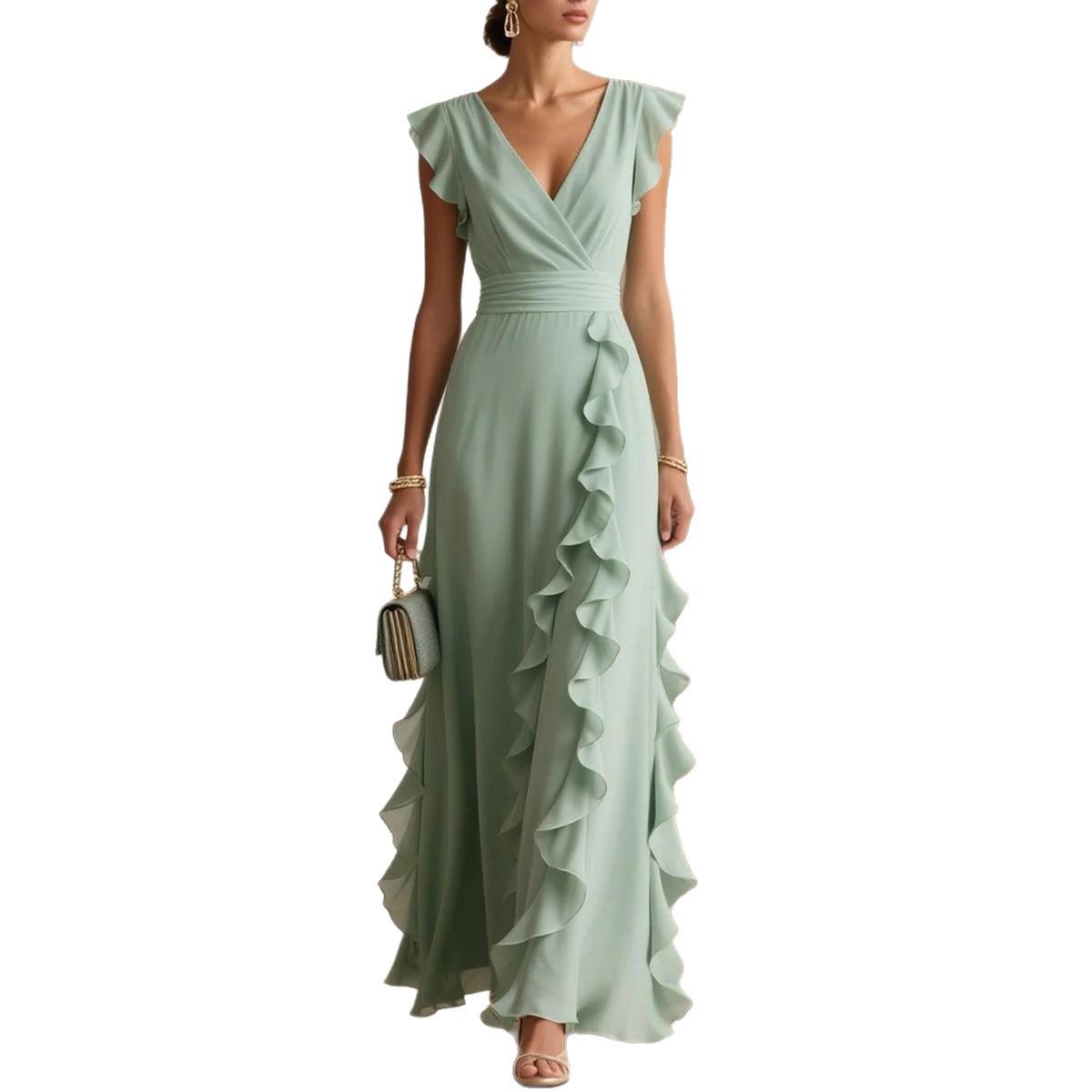 Robe de soirée longue pour femme, sans manches, à volants, coupe A-line, col en V, taille cintrée, plis, robe maxi, été 2026, Vestidos
