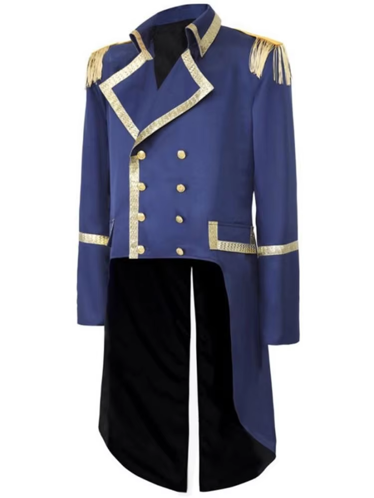 Veste de costume militaire double boutonnage pour homme, style frak royal victorien, avec garniture dorée, pour Halloween, cosplay et spectacle