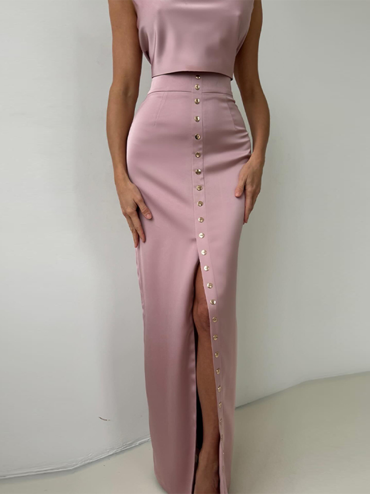 Ensembles élégants de jupes longues en satin pour femmes, col montant, sans manches, taille haute, fendues, coupe droite, tenues de soirée, nouvelle collection printemps 2026