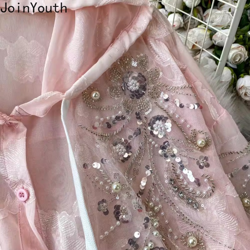 2025 Blusas Mujer De Moda lourd paillettes perles Blouse femmes vêtements à manches longues chemises à capuche amples tempérament hauts femme