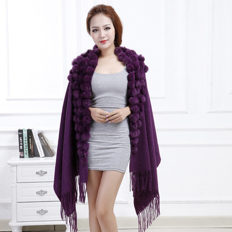 Mode châle hiver 100% laine écharpe femmes fourrure châles lapin fourrure pompon châle écharpe laine écharpe chaude laine Scart marque