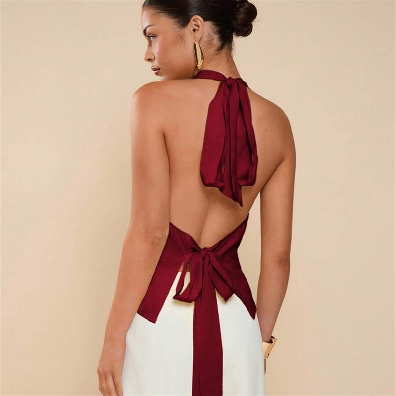 Haut court à col bénitier pour femme, en satin, style débardeur halter, camisole d'été sans manches, élégant pour soirée