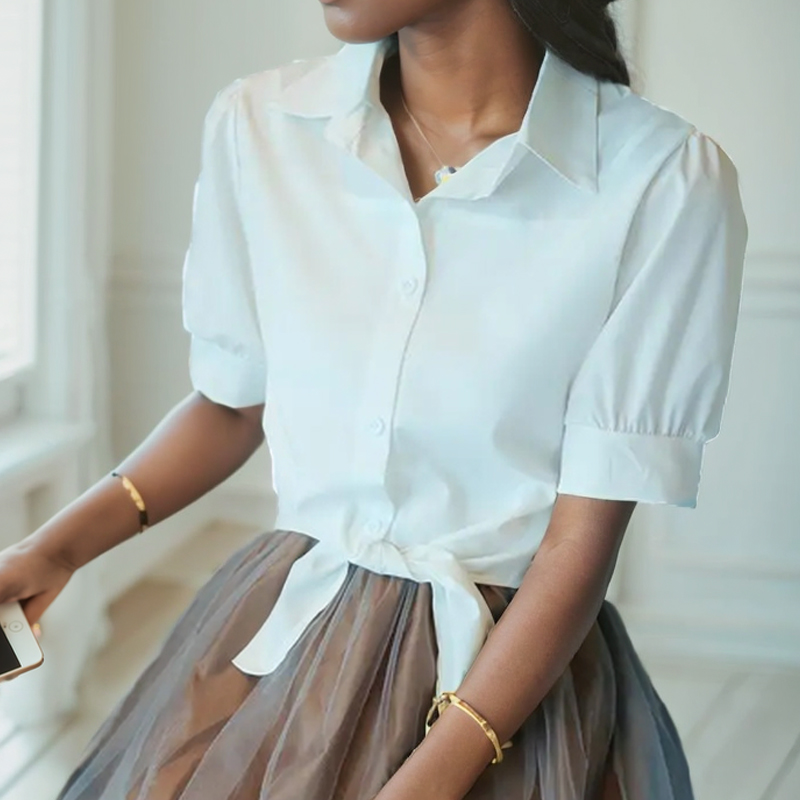 Été chemise blanche 2025 basique à manches courtes femmes Blouses solide boutonné petit haut noué taille élégante femmes tuniques hauts 19870