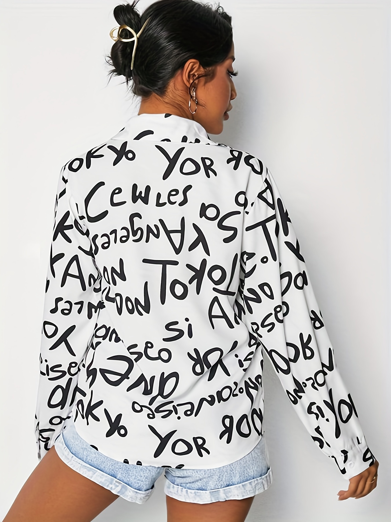 Chemise à manches longues boutonnée sur le devant pour femme, haut décontracté, lettre imprimée, printemps, automne