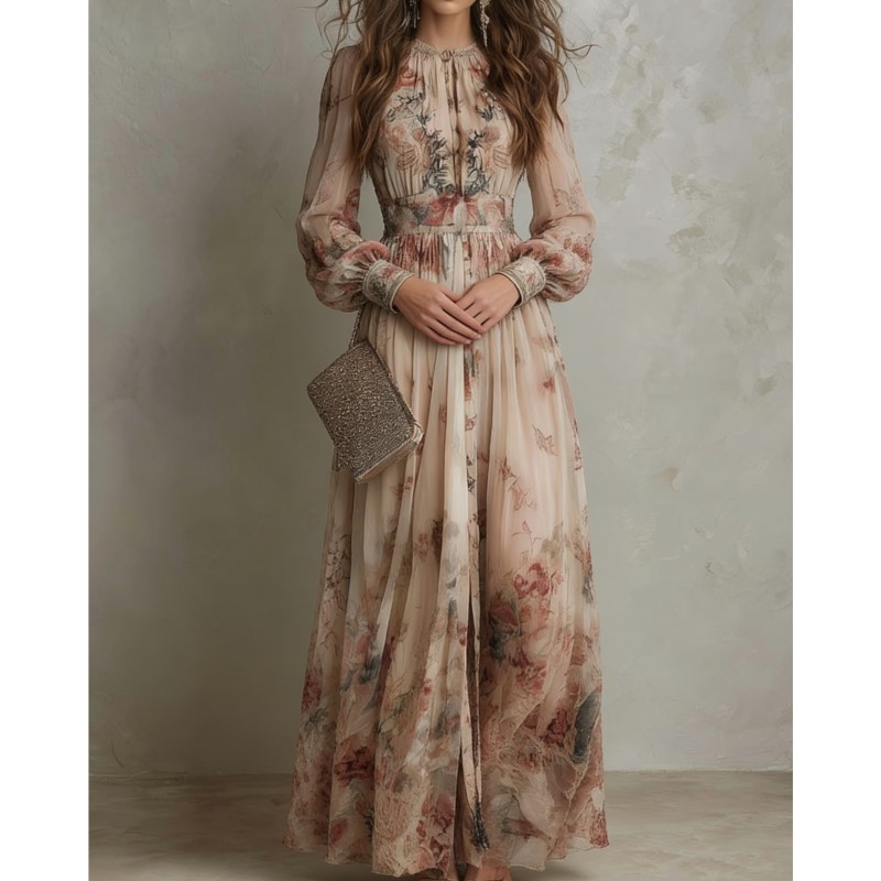 Robe bohème élégante à imprimé floral, taille haute, pour femmes, col rond, ourlet ample, manches longues, robe de vacances, vestidos.