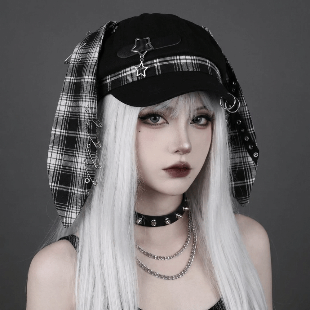 Chapeau Béret à Oreilles de Lapin Élégant à Carreaux, Chapeau Octogonal Irrégulier à Bord Fin, Casquette Gothique Punk pour Peintre et Artiste, Accessoire de Photographie