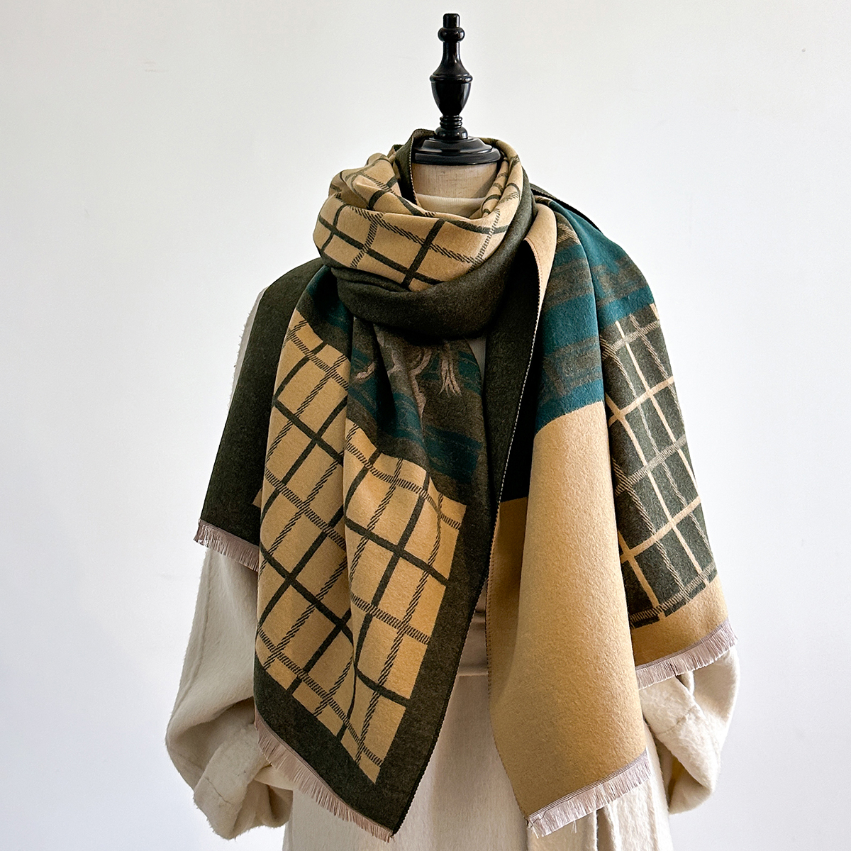 Nouveau luxe cheval imprimé écharpe femmes hiver plus chaud Pashmina foulards double face vérifier châles femme épaisse couverture enveloppes Foulard 2025