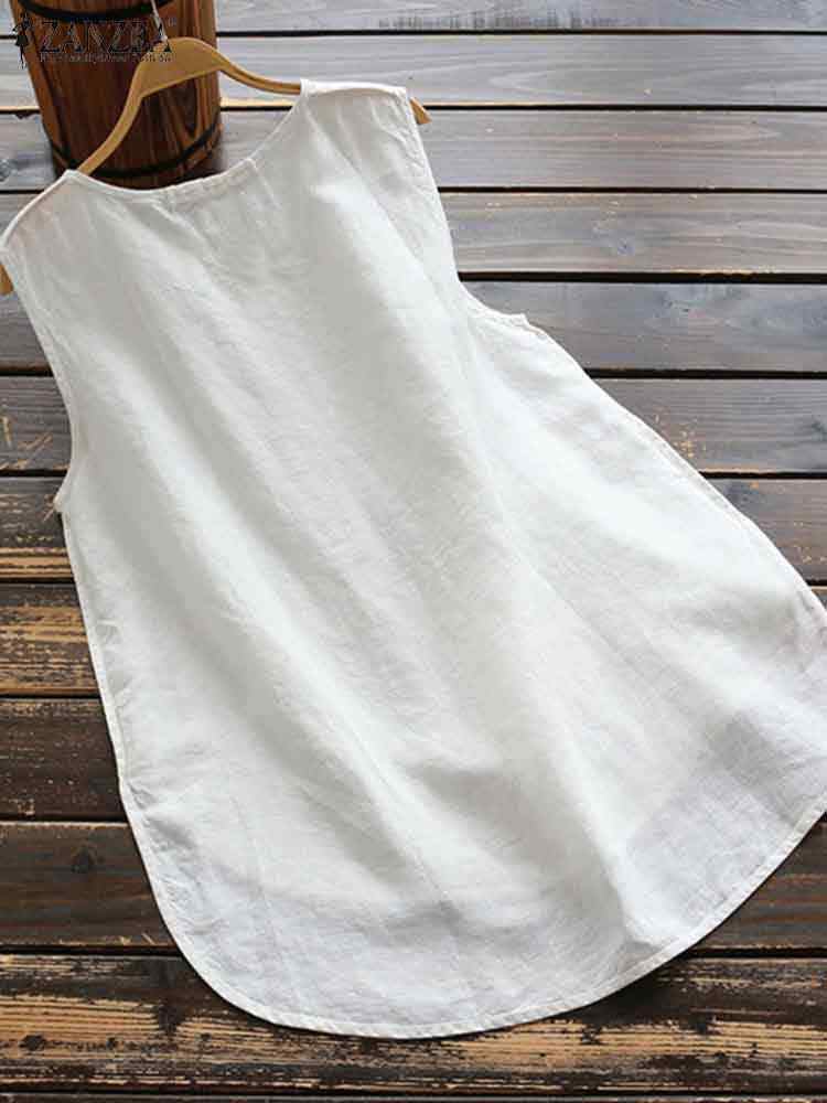 ZANZEA-Chemisier à col rond pour femme, chemise en fibre monochromatique, débardeurs en coton, mode décontractée, vêtements de plage, été, 2024
