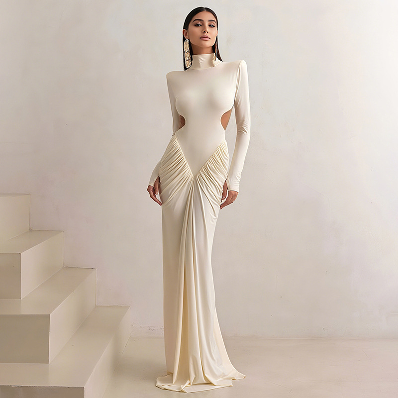 Robe de luxe à col roulé et manches longues pour femmes, Sexy, dos nu, serrée, élastique, Maxi, soirée d'hiver, marron, Beige, automne