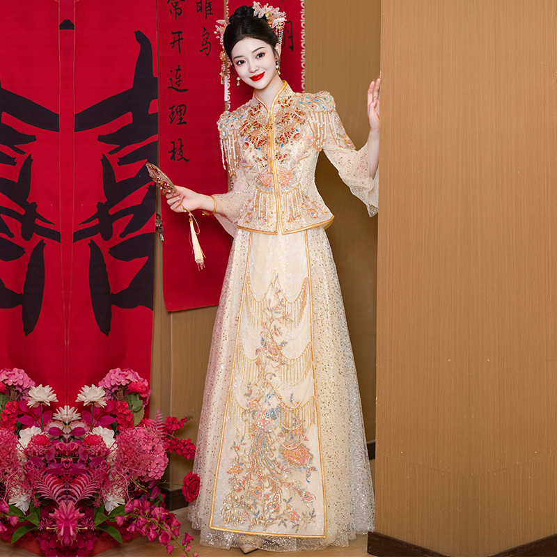 Robe de mariée traditionnelle chinoise modernisée pour Couple, longue broderie Cheongsam, élégante, pour mariée