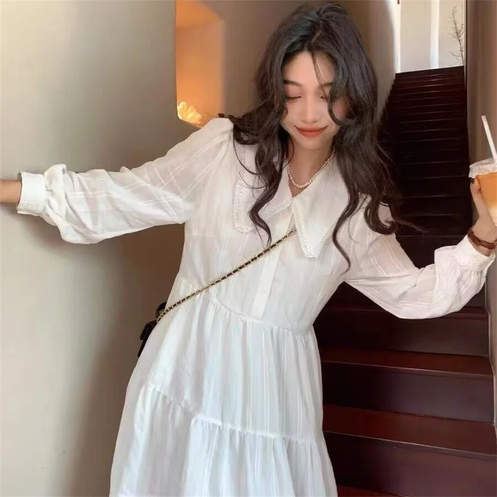 Mode coréenne Simple étudiant robe blanche robe mi-longue femmes doux ample à volants Style français décontracté vacances lanterne manches doux